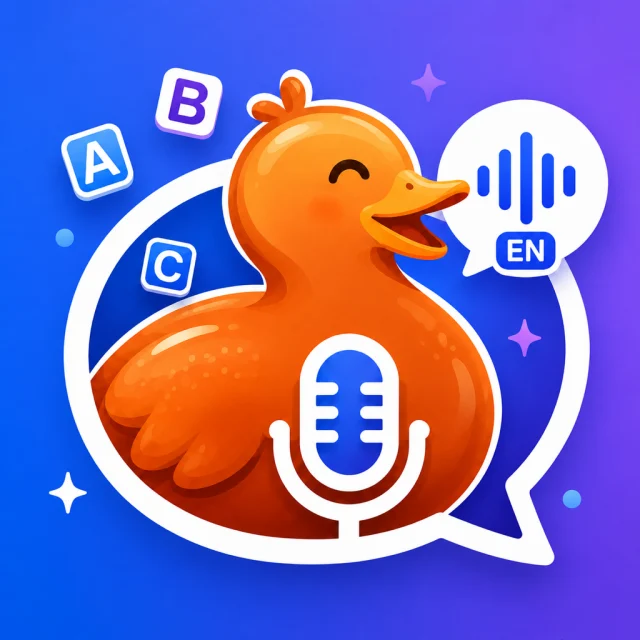 烤鸭口语 AI 图标：一只拿着麦克风开口说英语的橙色小鸭